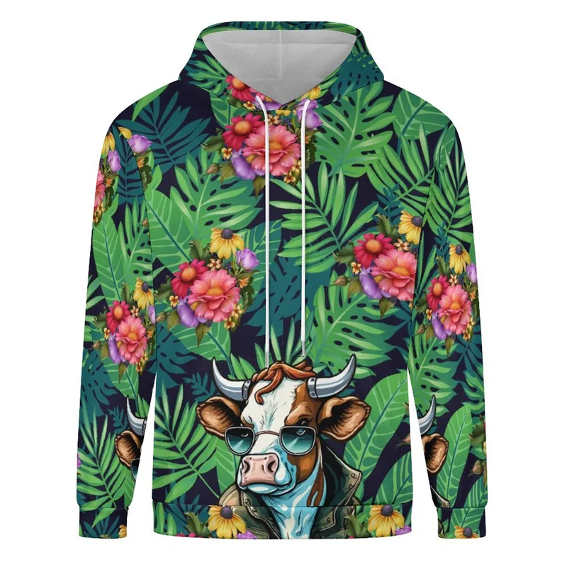 3D Print Flower Leaf Cow Hoodies For Men Small Fresh Cartoon Pattern Pullovers Casual Hooded Loose Tops Sweatshirts Long Sleeves