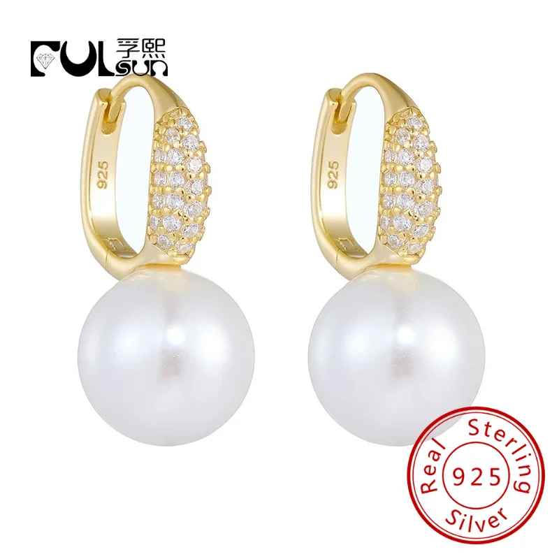 

FULSUN Trendy Colourful Cubic Zirconia Circle Mother of Pearl Ball Earrings 925 Sterling Silver 14K Gold Plated Fine Jewellery