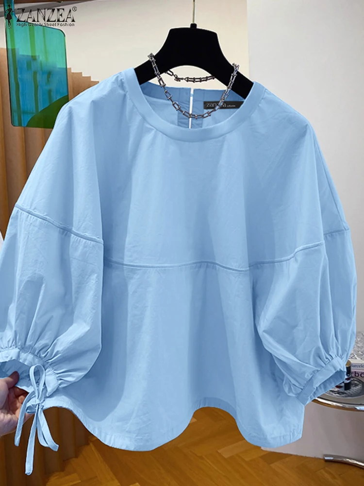 2025 ZANZEA Stylish Autumn Blouse Women Solid OL Work Tops Elegant Casual O Neck 3/4 Sleeve Office Shirt Drawstring Hem Blusas