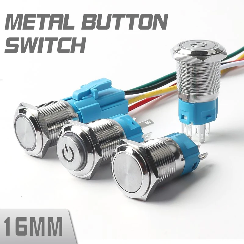 

16mm Metal Button Switch Power Symbol With Light Self-Lock Self-Reset Start Stop 5V 12V 24V 220V