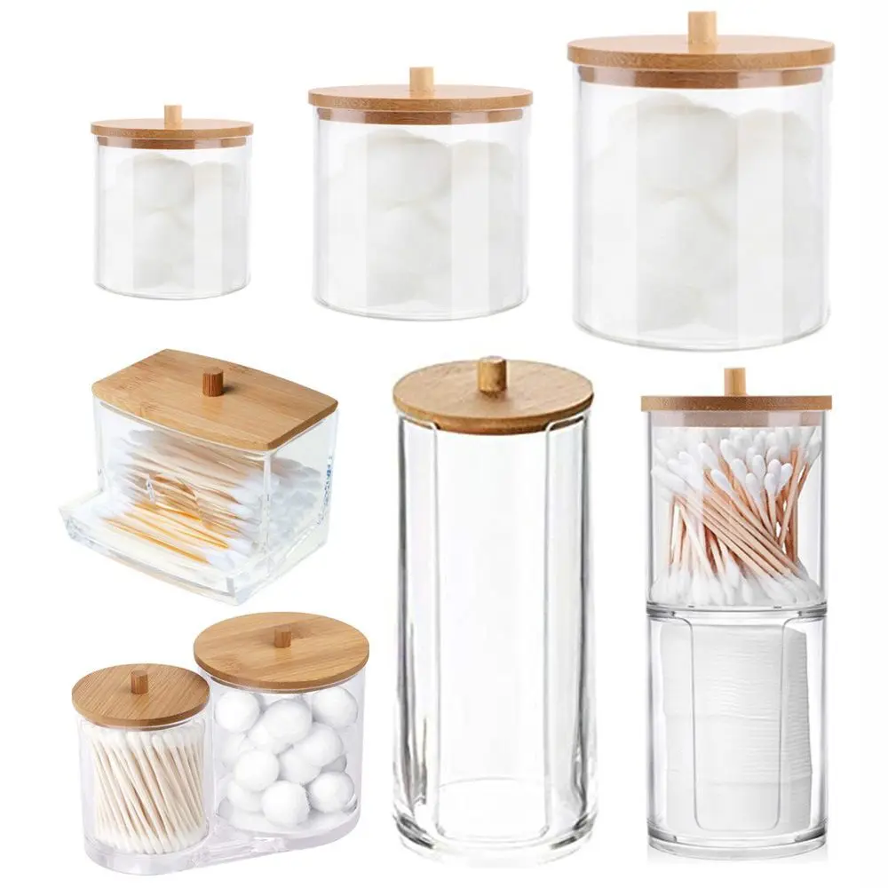 Acrylic Multifunctional Makeup Cotton Pad Organizer Storage Box For Cotton Swabs Rod Bathroom Container with Bamboo Lid