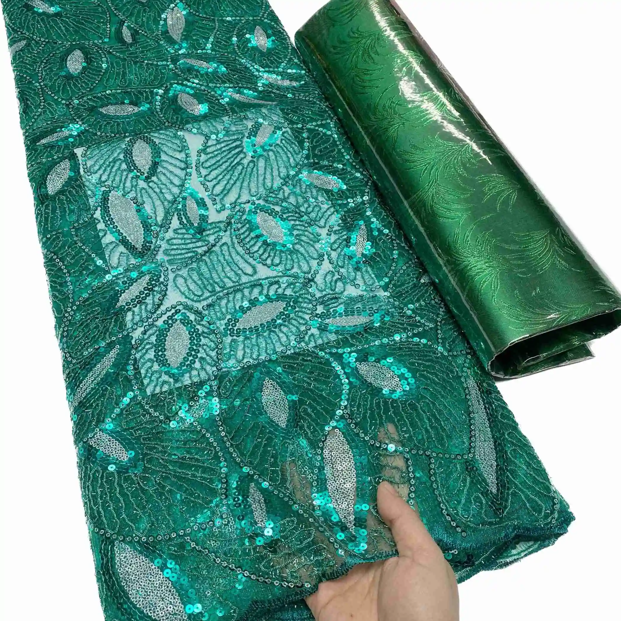 

NICEME Latest Green African Lace Fabric With Sequins Nigeria Party Dress OK6038