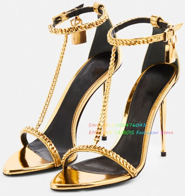 Sexy Gold T-Strap Chain Super High Heel Sandals Women Pointed Toe Metal Stiletto Heel Lock Decoration Banquet Party Shoes