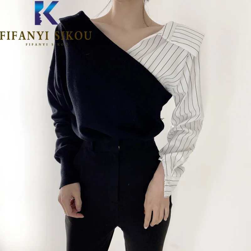 

Knit Spliced Striped Shirt Women Sexy V-Neck Long Sleeve Patchwork Chic Shirts Spring Autumn Casual Womens Tops and Blouses