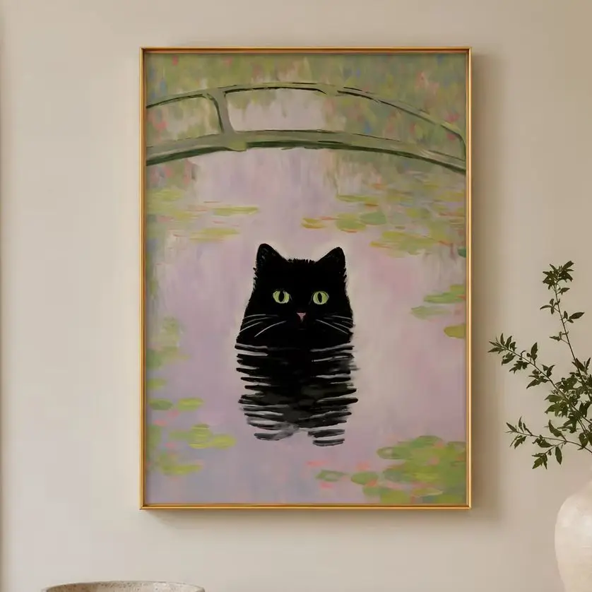 Cute Black Cat Art Print | Claude Monet Cat Print |Canvas Wall Print,High‑Grade Home Decoration Artwork for Bedroom,Living Room