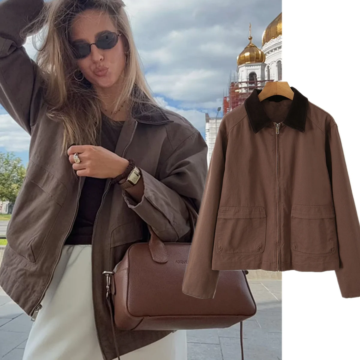 Maxdutti French Style Lazy Vintage Patchwork Collar Jacket Women Tops Boyfriend Workwear Cargo Coat Bomber Jacket Tops