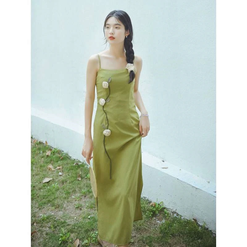 Hanfu Women's Cheongsam Cardigan Summer Flowers Green Slim Retro Dress Summer Chinese Traditional Style Suspender Dresses 2022