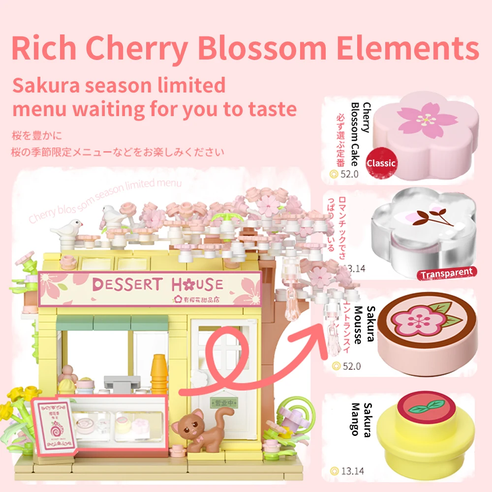 Cherry Blossom Dessert House Building Blocks Sakura Flower Pink Tree City Street View Bricks DIY Model Toys For Kid Gift