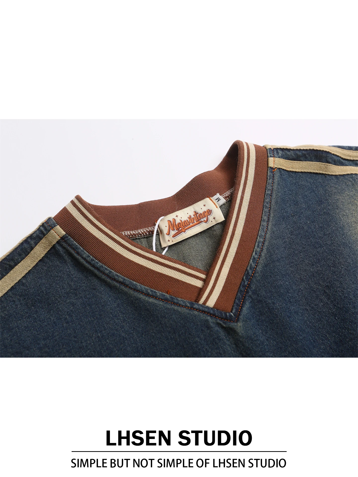 Retro American Towel Embroidery V-neck Sweatshirt Women's Loose BF Style Washed Outdated Denim Top Autumn Lazy Street Style