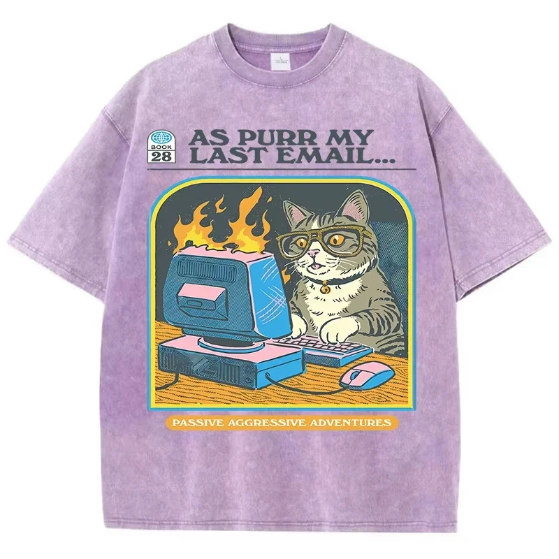 

Cat Playing Computer GamesPrint Snow Wash T Shirt Man Unisex Washed Tees Casual Shortwear Soft Breathable Cotton Clothes