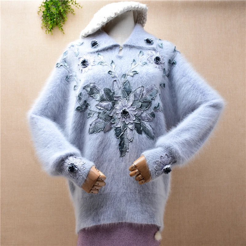 

Ladies Women Vintage Fall Winter Clothing Embroidery Beading Hairy Angora Rabbit Hair Knitted Long Batwing Sleeves Loose Sweater