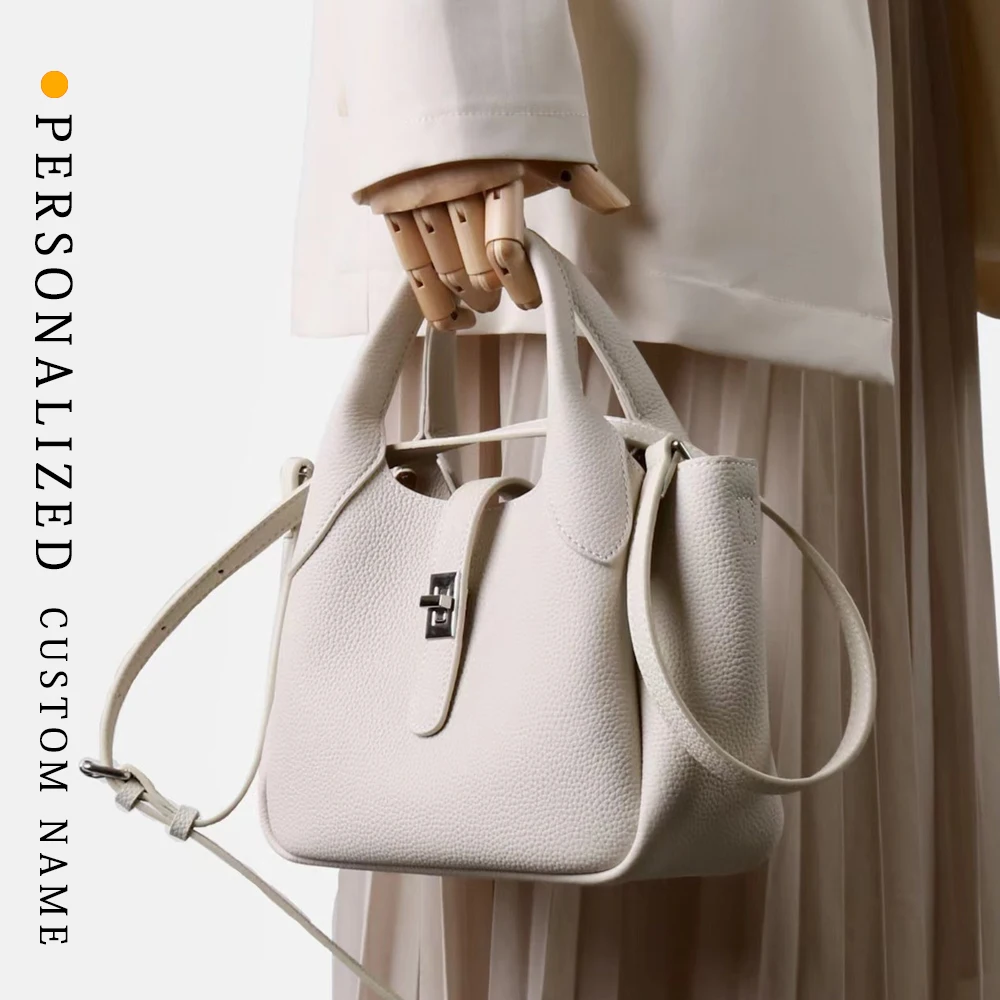 

New cowhide high-end hand-carrying bucket and vegetable basket one-shoulder crossbody bag fashionable simple free gold stamping