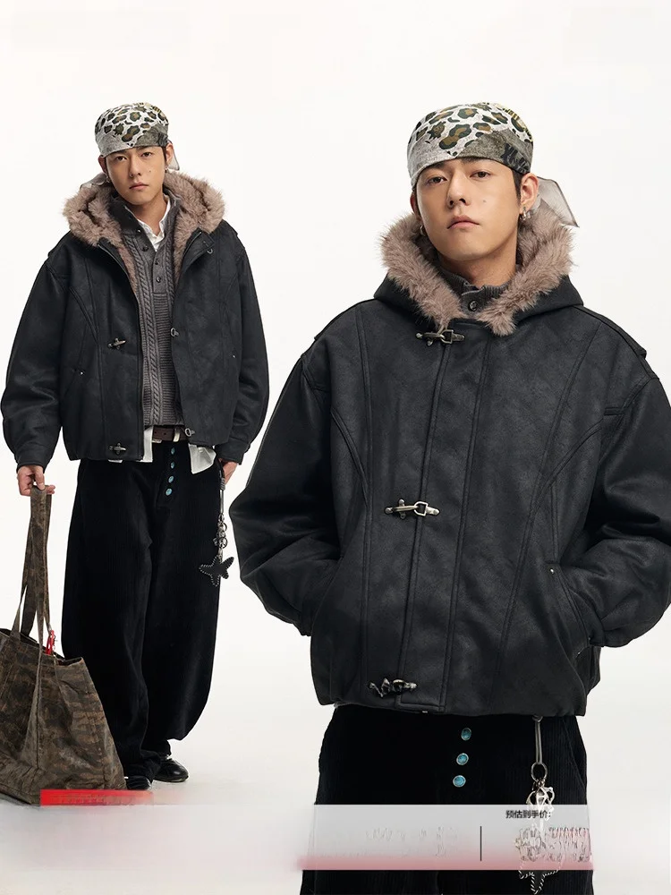 

CoosRetro Men's Retro American Sle Jaet Hooded Loose Fit Fur Collar Aircrt Bule Leather Coat Trendy Outerwear Winter