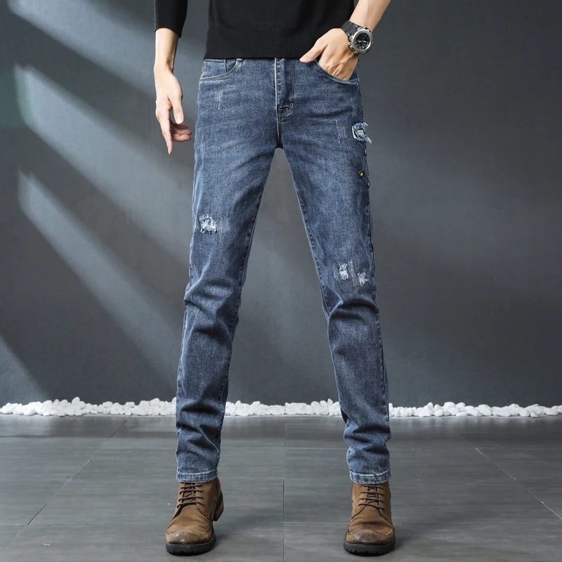 

Мужские эластичные джинсовые джинсы Outlet, оригинальные товары с хвостом, высокая эластичность, заниженная талия, шнурки, другой материал, весенний сезон