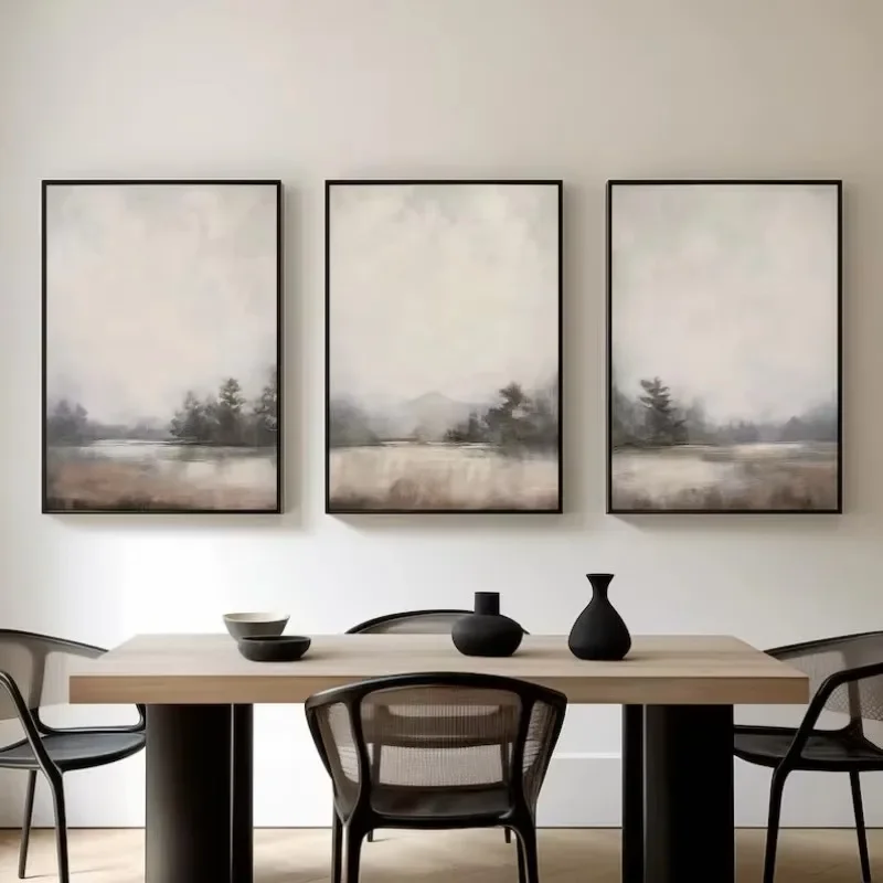 （Unframe 3PCS）-Minimalist Neutral Beige Black Grey Abstract Nordic Landscape Poster Canvas Painting Wall Art Pictures Home Li