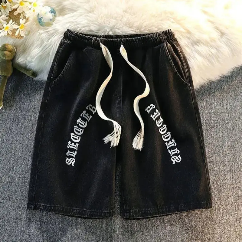 American Retro Sanskrit Printed Denim Shorts Men's Summer Fashion Brand New Loose Versatile Casual Mid pants Men's