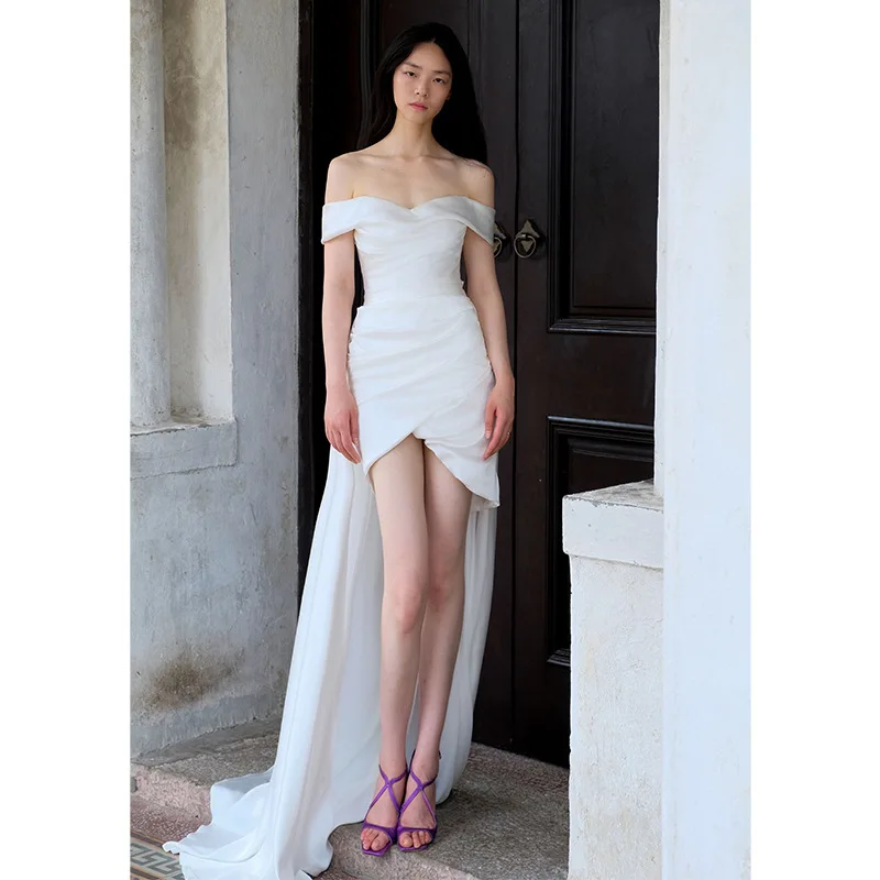 

French Style off-Shoulder Trailing Lightweight Wedding Dress Bride License Registration Slim White Dress Satin Dress Group