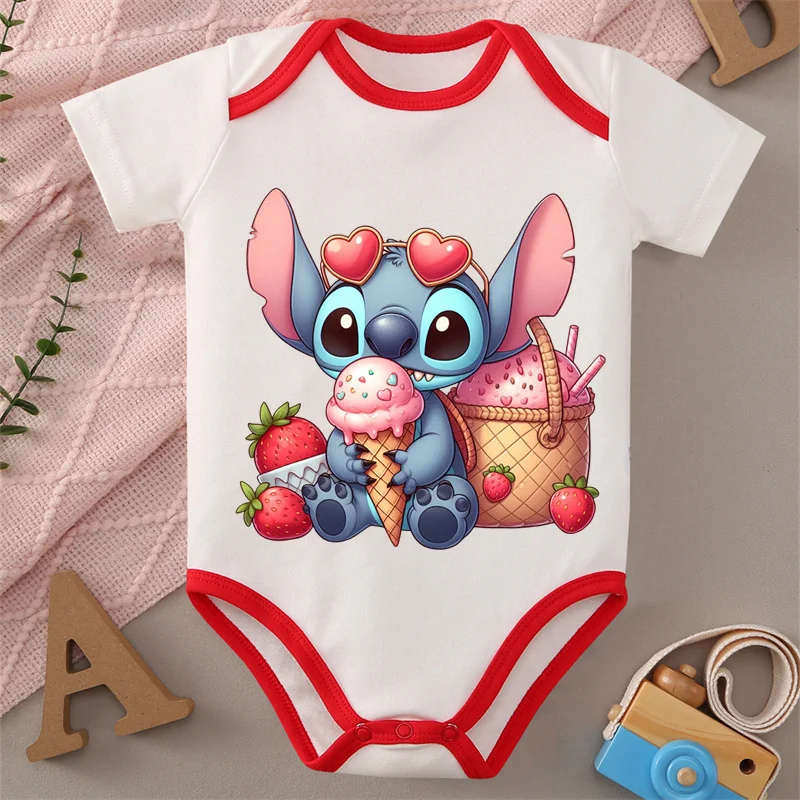

MINISO 100% Cotton Clothe The Best Gift for Honey Baby Onesie Lilo&Stitch Ice Cream Print Bodysuit for 0 To 12 Months Newborn