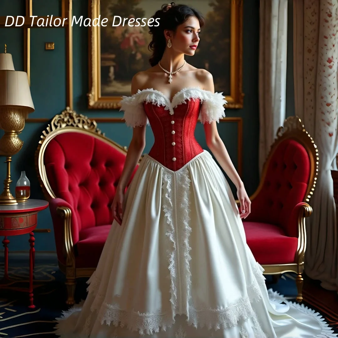 

Historical Victorian Wedding Dress Corset White And Red A-Line Satin Bridal Gown With Lace Appliques Sweetheart Customized Robe