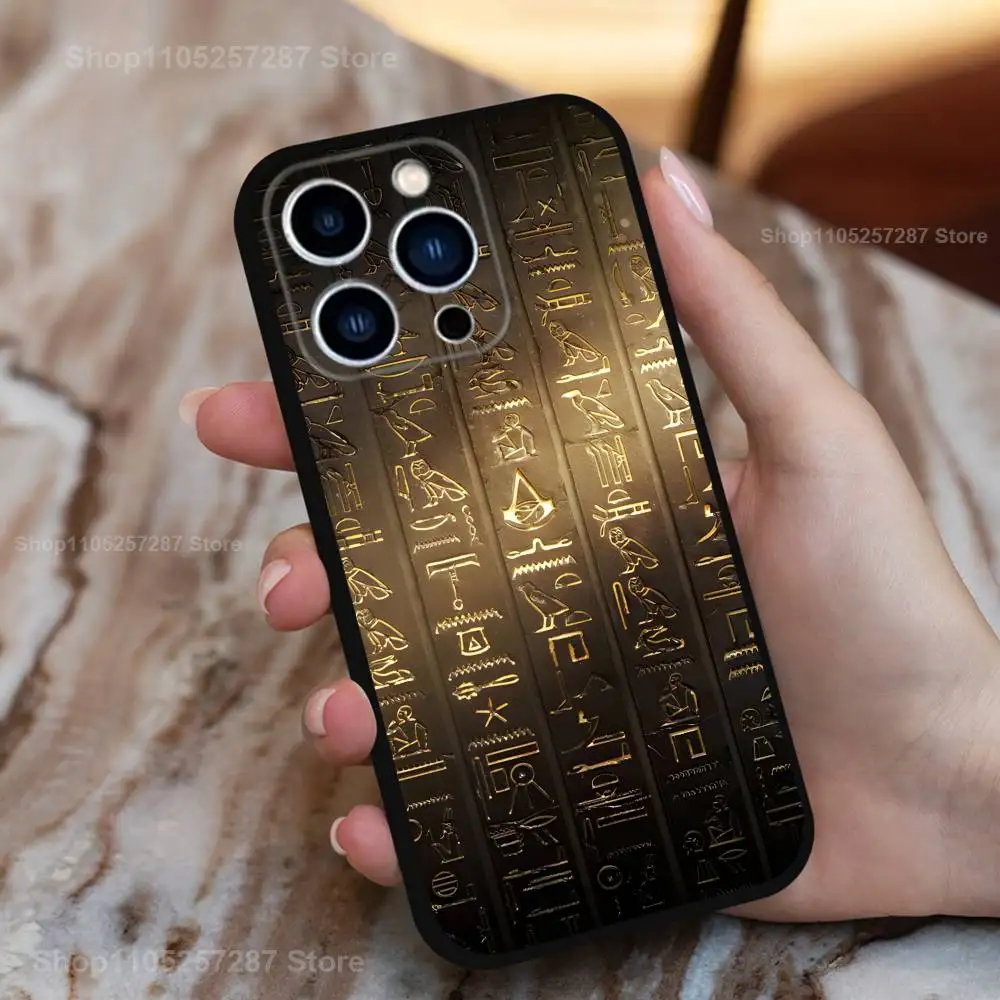 حافظة هيروغليفية فن مصر لهاتف آيفون 15,16,12,14,17,13,11,Plus,Pro Max,8,7,XR,SE,XS,X,Mini,Soft Silicone Black