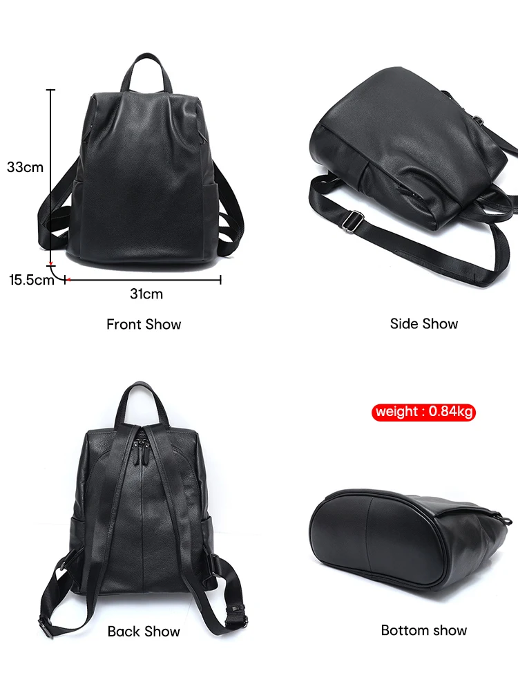 Zency-Sac à dos en cuir véritable pour femme, sac de voyage pratique, grand cartable pour filles, sac à dos femme, sac à dos pour ordinateur portable, noir, nouveau, 100%