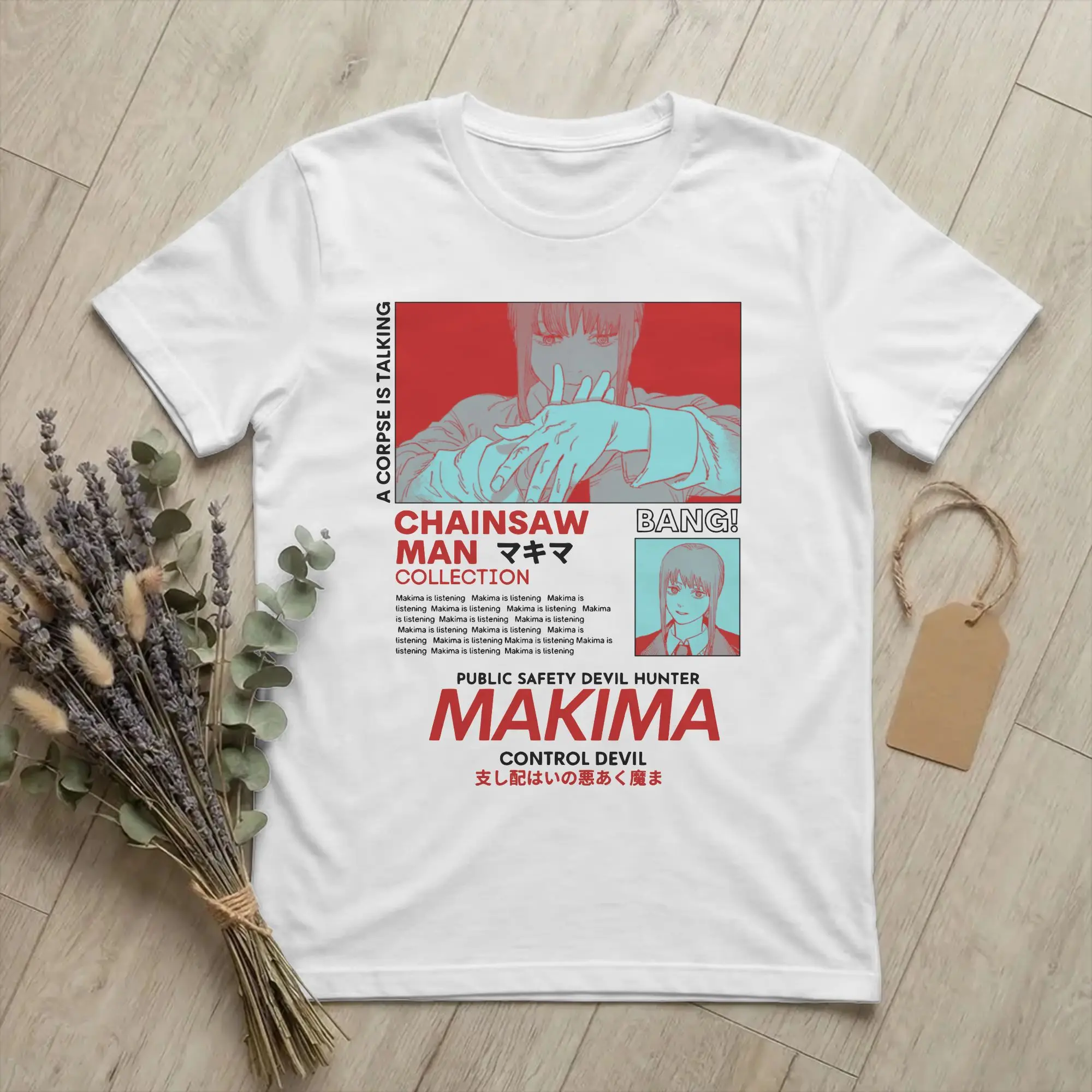 Retro Makima Red Chainsaws Man T Shirt Men's 100%Cotton Short Sleeve Denji Pochita Manga Devil Anime Crewneck Summer Clothes