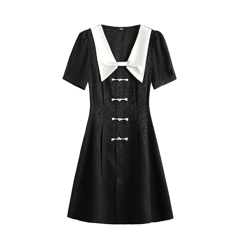 150Kg Plus Size Women\'s Bust 149 Summer Loose Doll Neck Short-Sleeved Waist Dress Black White 4XL 5XL 6XL 7XL 8XL 9XL