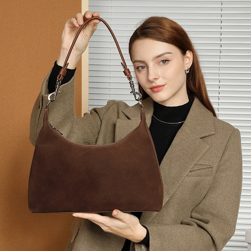 

Vintage women natural suede leather bag stylish retro patchwork design large capacity shoulder bag top grain leather armpit bag