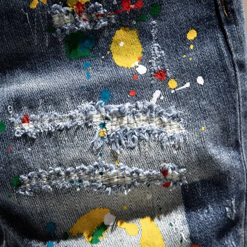 Jeans da uomo di moda firmati estivi Jeans corti strappati dipinti elasticizzati blu retrò da uomo Pantaloncini di jeans casual vintage Hip Hop Hombre