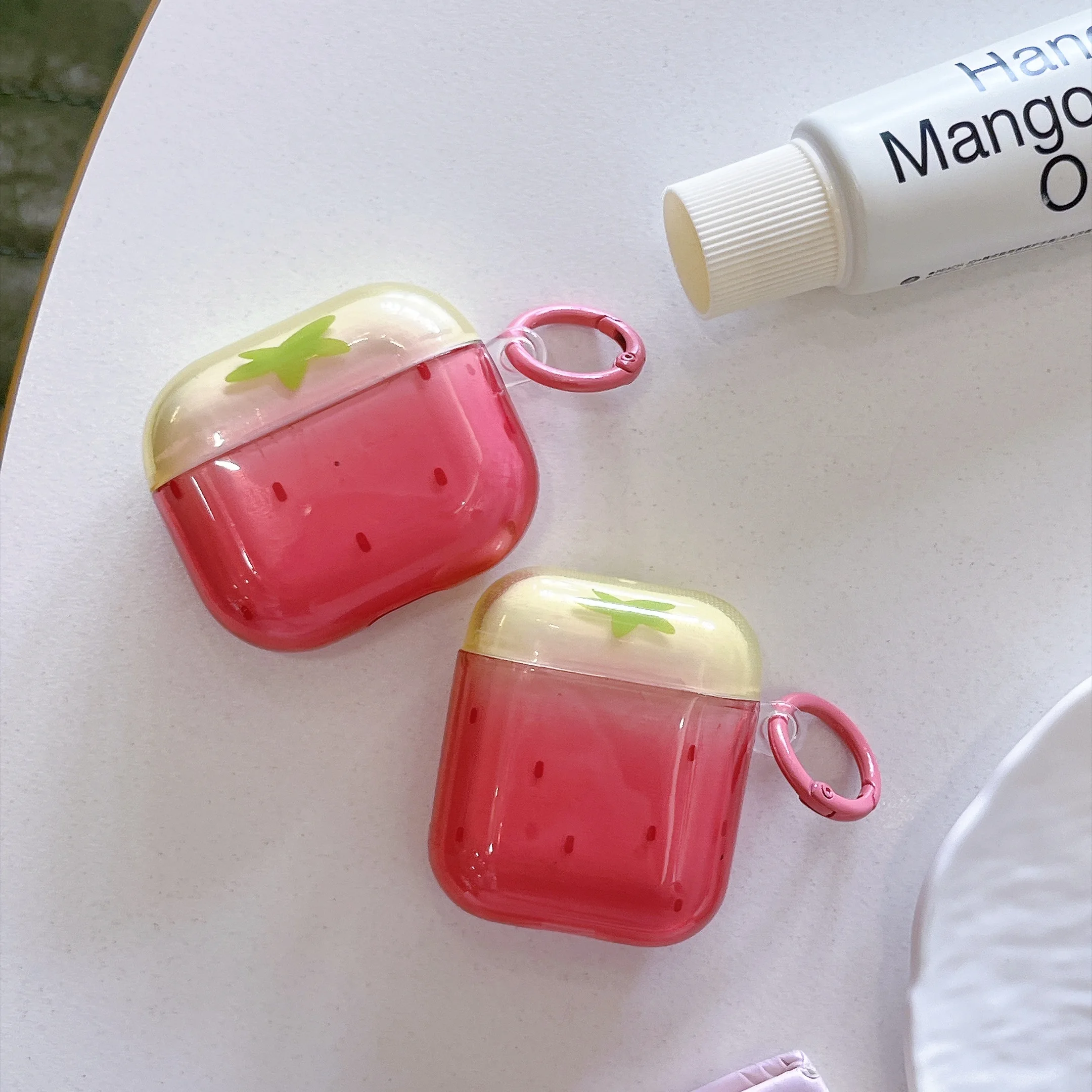 Cute Strawberry Splash Ink Rose Red Green Transparent Glossy Earphone Cover Case For AirPods 2 3 4 5 Pro Pro2 Pro3 with Pendant