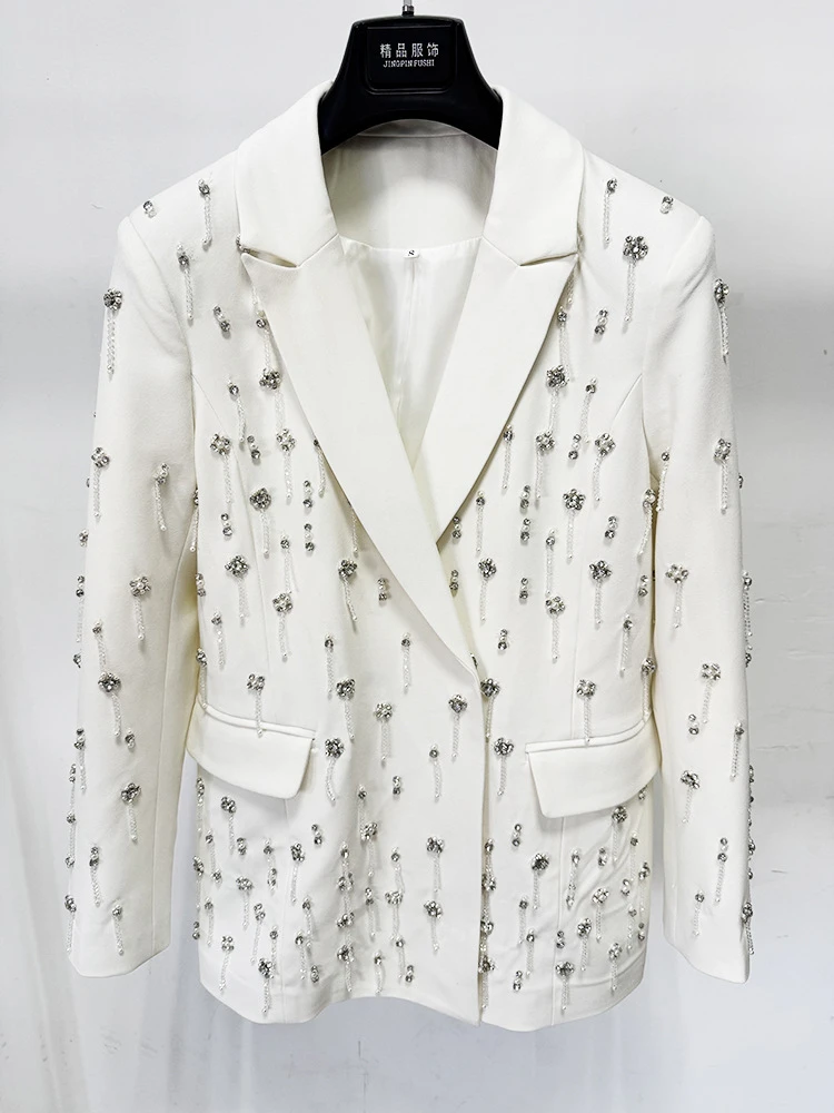 2025 Spring Luxury Beaded Blazer Women White Black Available Slim Fit Notched Lapel Blazer Casual Party Office Wear