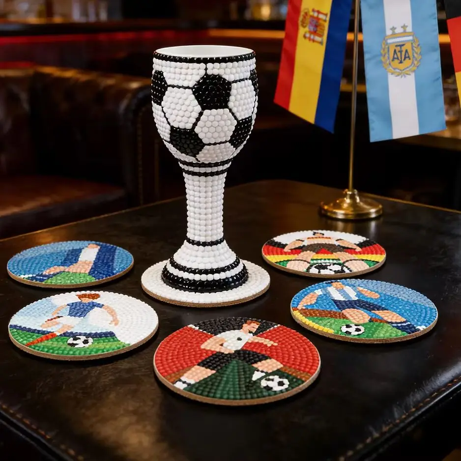 

Hot Selling Football Theme Cartoon Diamond Painting Coasters 6Pcs with Holder, DIY Cup Mat, Creative Kids Craft Gift