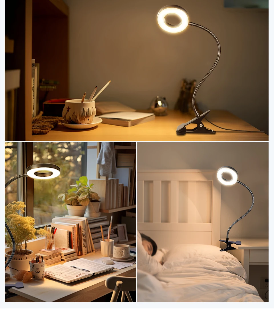 USB Foldable Reading Lamp 48 LEDs Clip on Desk Lamp 360°Flexible Gooseneck Reading Table Light Brightness Adjustable 3 Level