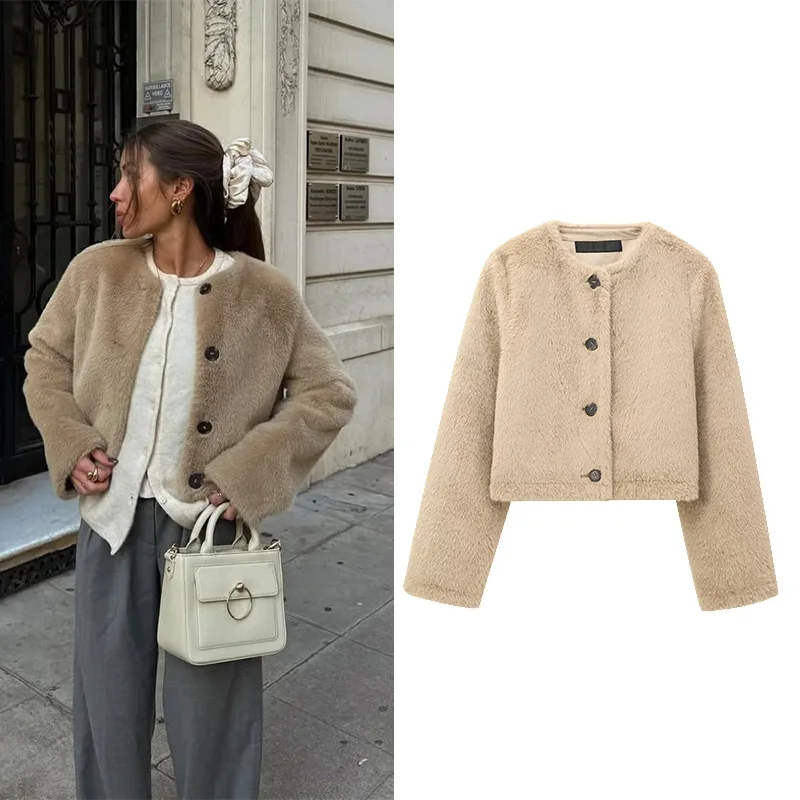 

NERHEFZ Women Short Jacket Faux Fur Autumn Long Sleeve O Neck Button Jacket With Pocket Causal Outerwears Female Tops