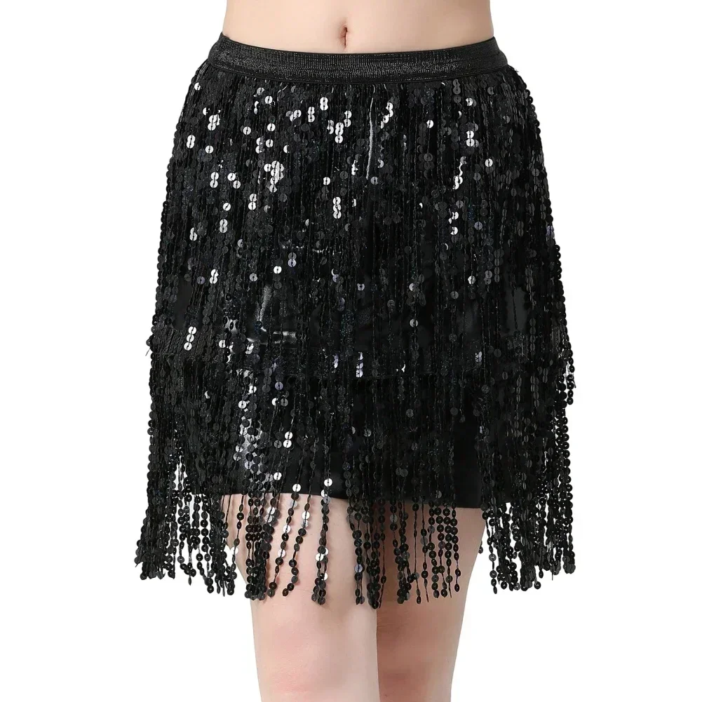 

Elegant Latin Belly Dance Sequins Tassel Skirts For Women Mid-rise Solid Slimming India Dancewear Stage Performance Outfits