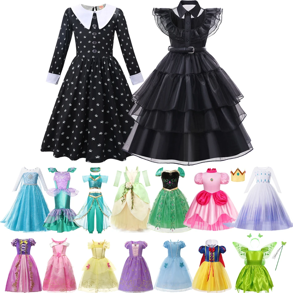 Baby Girl Wednesday Addams Peach Princess Dress Elsa Anna Cosplay Costume Kid Snow White Vestidos Isabella Belle Printing Outfit