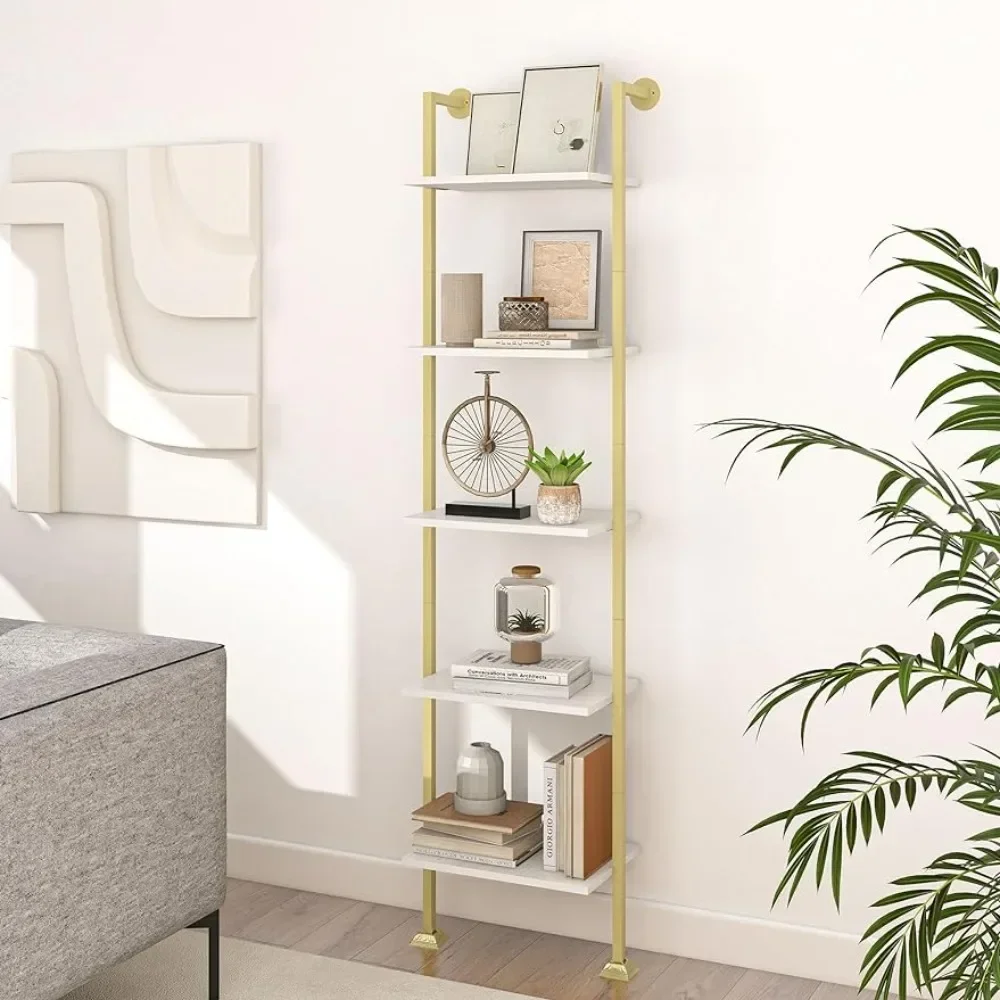 

OEING 5-Tier Ladder Bookcase, Tall Narrow Bookshelf for Small Spaces, Modern Book Storage Organizer Case Open Shelves for Room