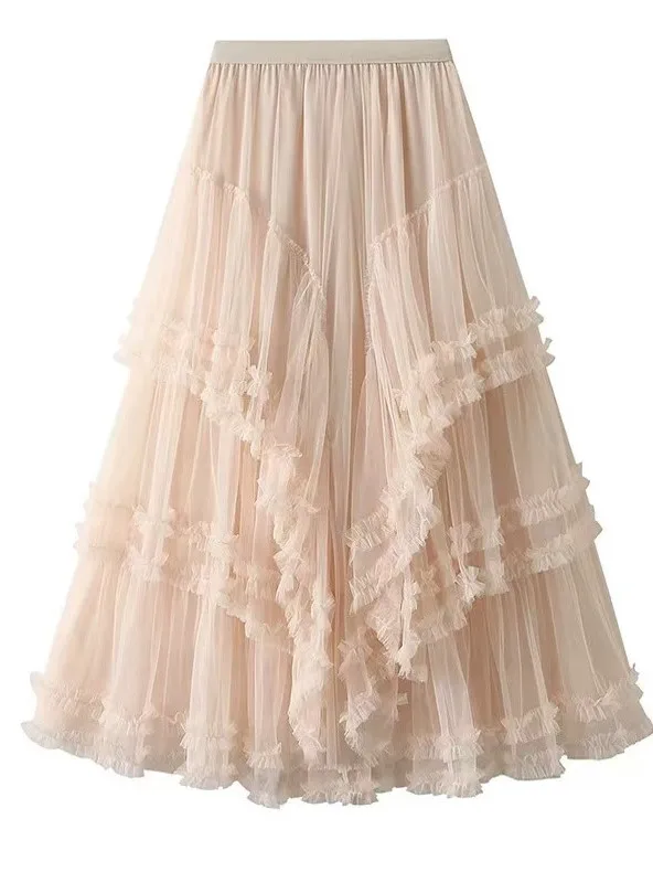 Saia Longa de Tule com Apliques Luxuosos, Camadas Múltiplas, Cintura Alta, Estilo Premium com Babados, Ideal para o Dia a Dia