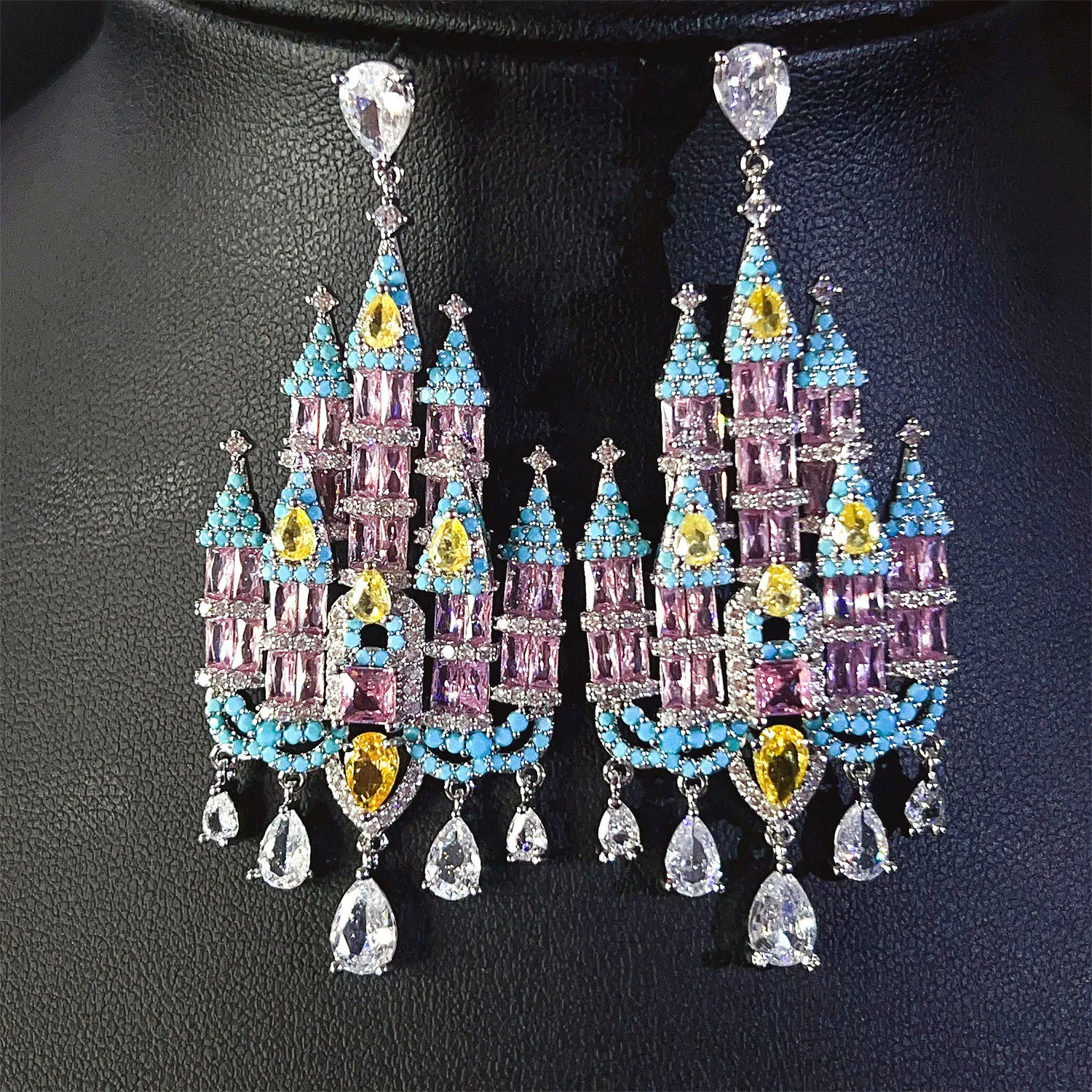Fantasy Castle Large Long Earrings Pink Blue Purple Cubic Zirconia Dangle Earrings for Women Statement Wedding Banquet Jewelry