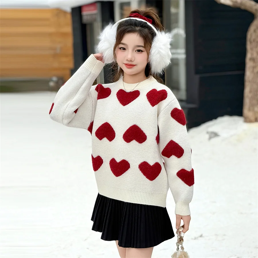 New Stylish School Girls Beige Color Sweater with Hearts for Children Spring Autumn Knit Clothing Kids Teenager Fashion Knitwear