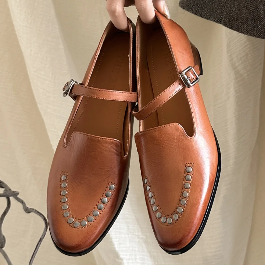 

women's cow leather metal buckle slip-on flats Mary Jane loafers round toe rivet decoration casual female daily moccasins shoes