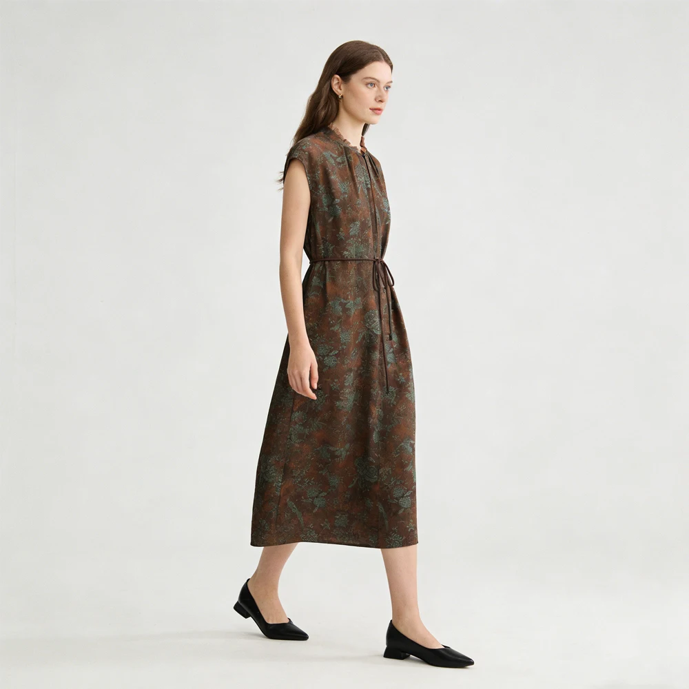 Misty Brown Design Sense 100% Natural Mulberry Silk Gambiered Guangdong Gauze Stand Collar Sleeveless Women's Fashionable Dress
