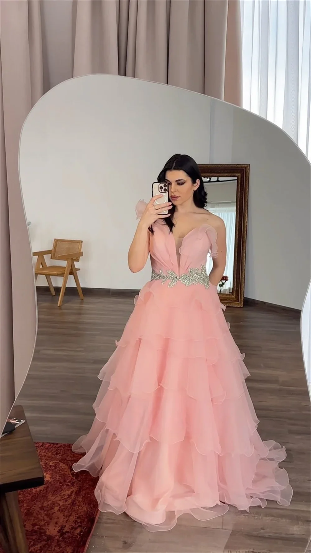 Customized Saudi Arabia Prom Dress Dearin One Shoulder Ball Floor Length Open Back Skirts Draped Tulle Sleeveless Bead Flouncing