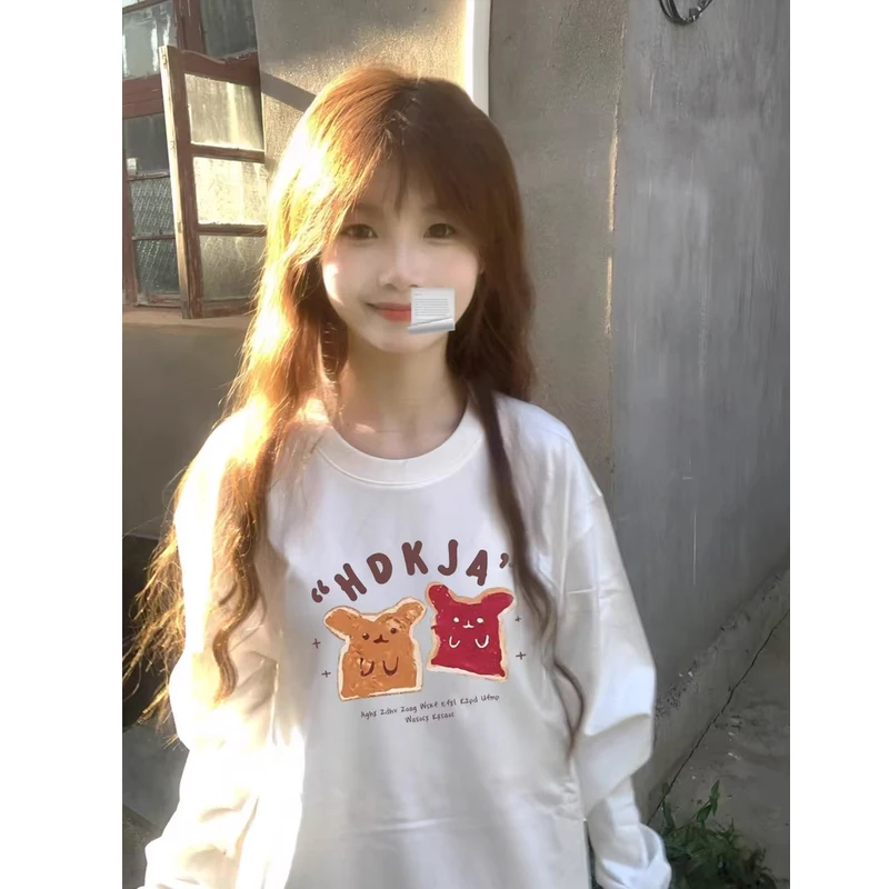 Leuke Cartoon Print T-shirt Vrouwen Herfst 2025 Nieuwe 100% Katoen Koreaanse O-hals Lange mouwen T-shirt Casual Y2k Top kawaii kleding