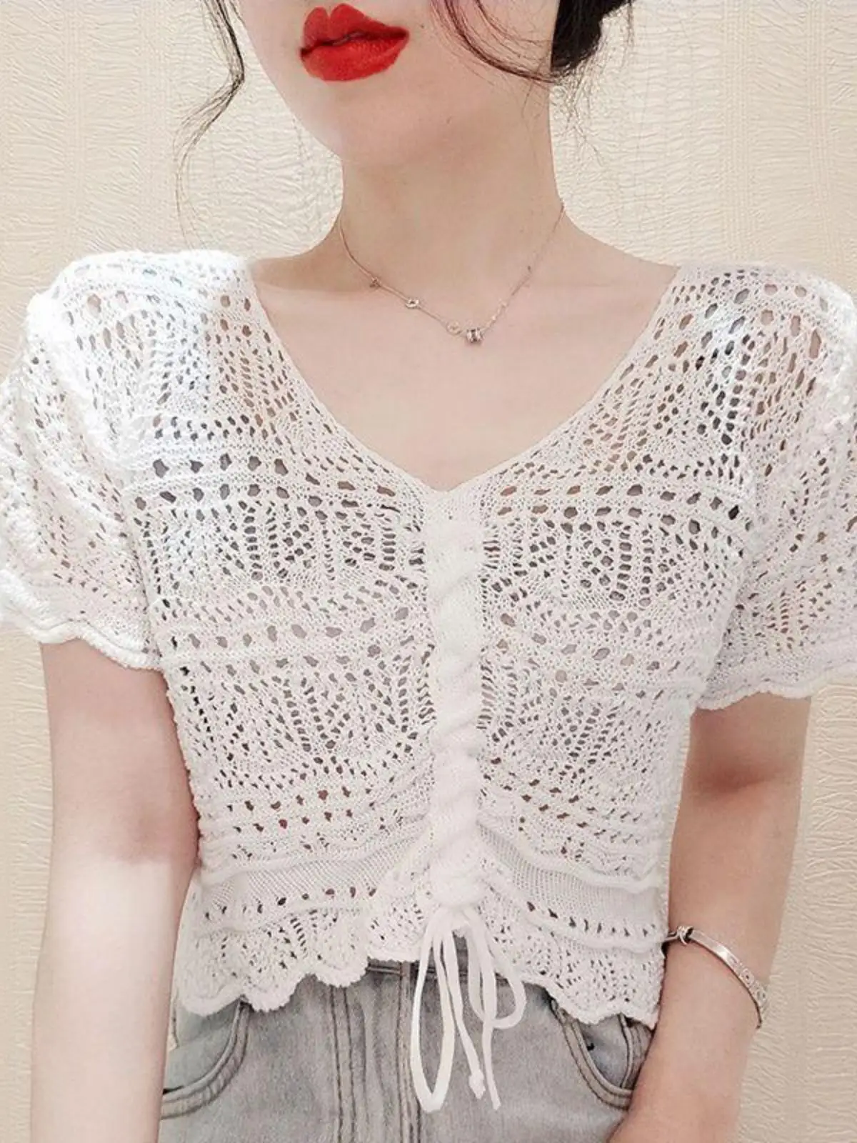 Kanten rand Dstring Knitwear ort Sve Dames losse ell top chiffon blouse uitgehold ontwerp zomer faion dames cl...