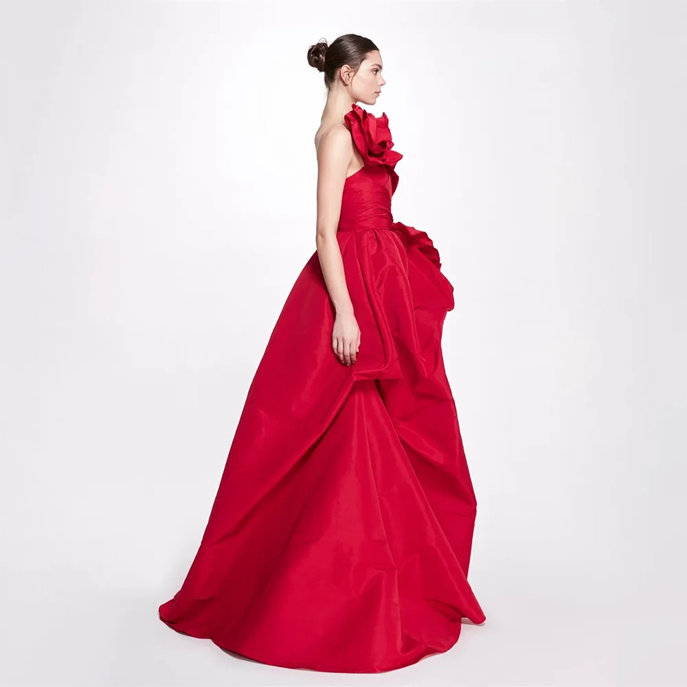 

Red Satin Evening Dress Sexy One Shoulder Flower Pleats A Line Evening Gowns Floor-Length Party Dresses 2025 Customized