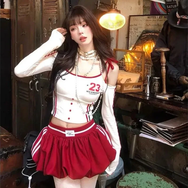 

Deeptown Coquette Y2k Off Shoulder Crop T Shirts Women Aesthetic Bandage Striped Long Sleeve Tees Kpop Sweet Graphic Printed Top