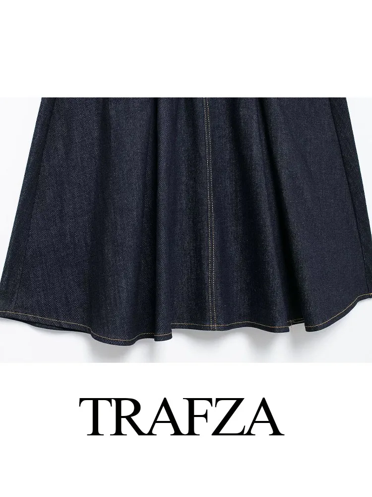 Trafza ฤดูใบไม้ร่วงผู้หญิงที่สง่างามตกแต่งกระเป๋าเสื้อแจ็คเก็ตคอกลมกระดุมแถวเดียวเข็มขัดเอวสูงใหม่กระโปรงยีนส์จับจีบชุดสูทผู้หญิง