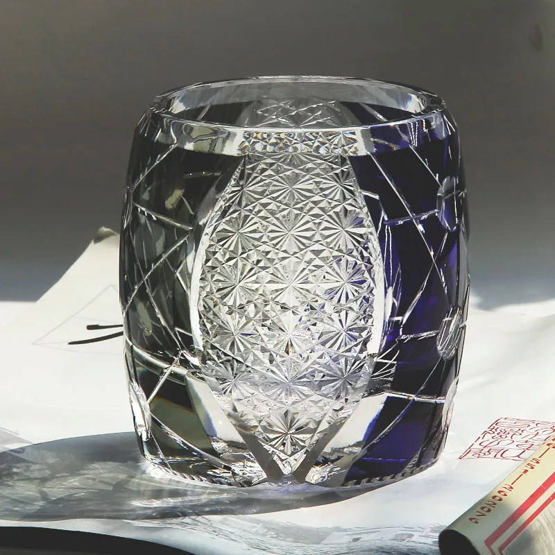 9.5 oz Heavy Edo Kiriko Tyle Whiskey Tumbler Colored Crystal Glass Rocks Old Fashioned Tumbler With Hand Cut Design