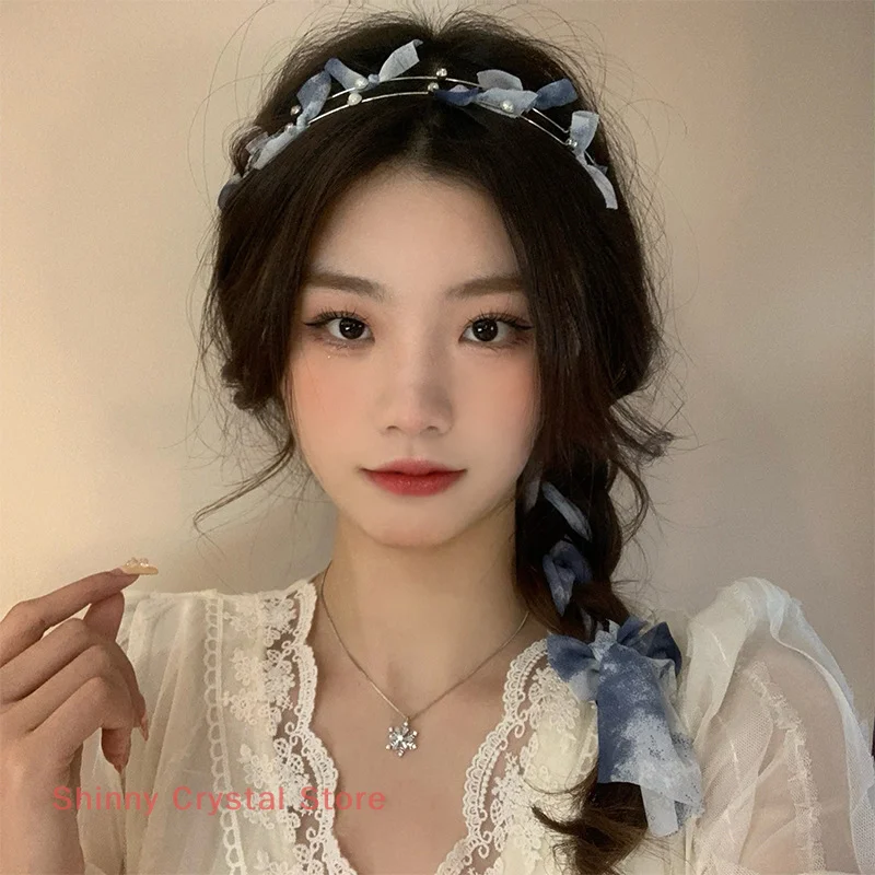 Blue Double Pearl Headband Headband Women's Hair Tie A System With Summer Super Fairy Bow Braided Hair Ribbon Streamer